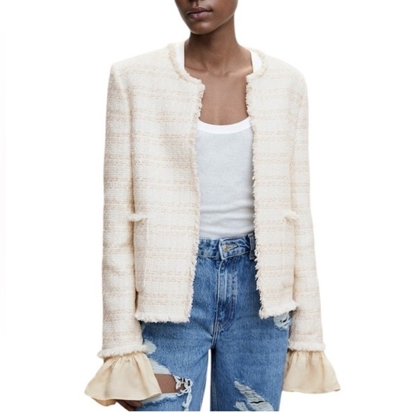 MANGO Cream Neutral Tweed Fringe Ruffle Sleeve Collarless Blazer - Picture 1 of 14